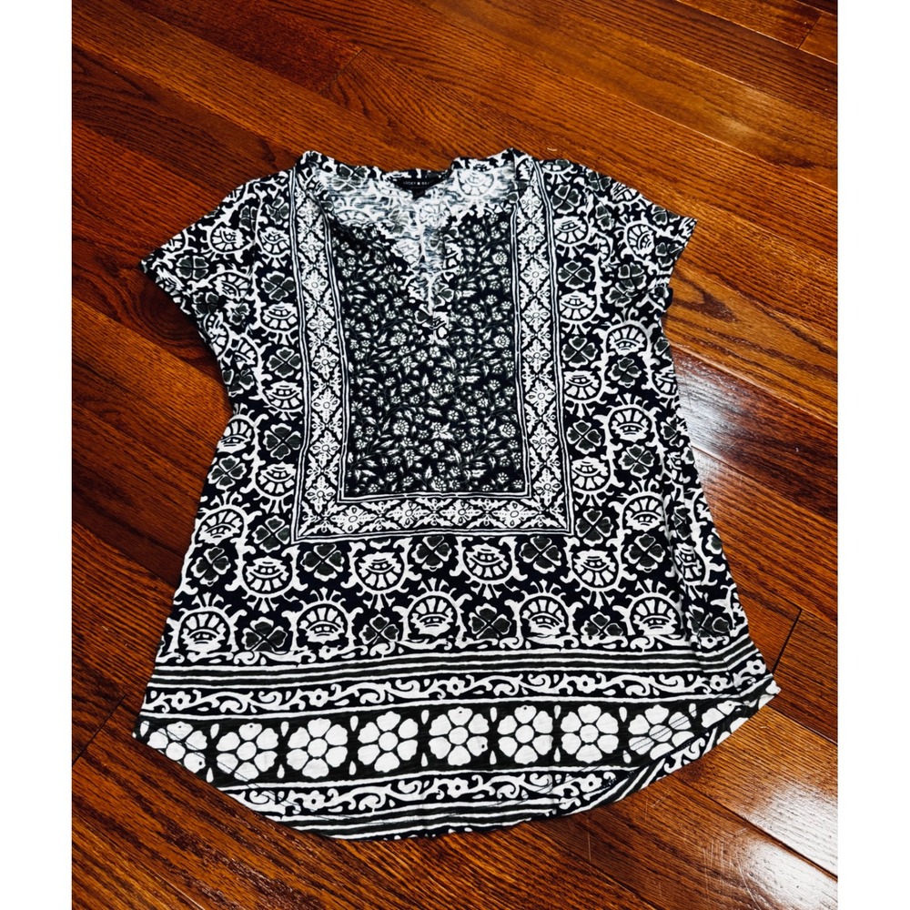 Lucky Brand Womens Small Blue Green Floral Medallion Split Neck Top Boho
